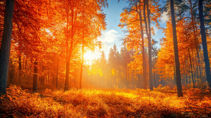 Naklejka premium A vibrant autumn forest showcasing a variety of trees displaying fiery orange and yellow foliage.