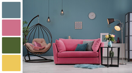 Stylish living room with comfortable sofa near color wall. Interior design and matching color...