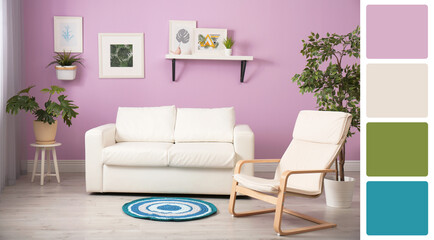 Stylish living room with comfortable sofa near lilac color wall. Interior design and matching color palette