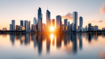 Radiant Urban Reflections: Golden Hour Cityscape with Skyscrapers Mirroring in the River