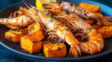 Spanish Carabineros prawns paired with roasted sweet potatoes, isolated on a dark blue background with chili flakes and lemon zest