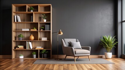 Minimalist interior design of modern living room with armchair, wooden floor and book shelf against black wall mock up with copy space area for text