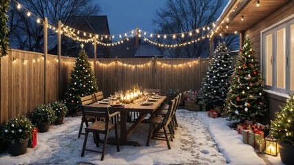 A winter courtyard decorated with bright lights and Christmas trees, creating a festive atmosphere.