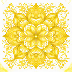 Fototapeta premium Beautiful yellow watercolor ornament, white backdrop. Hand drawn art. Abstract design.