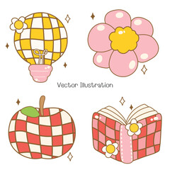 Kawaii Stationary, Back to School Vector Set. Cute Retro Doodle Illustration