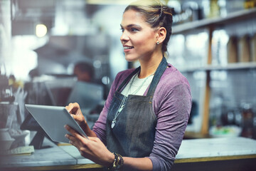 Tablet, research and woman barista in cafe for online menu update or stock control. Serving industry, coffee shop and female waitress with digital technology for inventory report in restaurant.