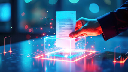 Symbolic Image of Electronic Voting: Hand Inserting Paper into Glowing Box Amidst Digital Elements