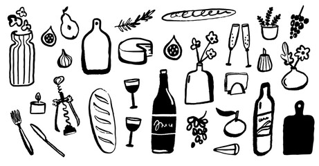 Food and kitchen doodle set, wine, glasses, drawings of fruits and bread. Cafe illustrations collection, drawn by hand