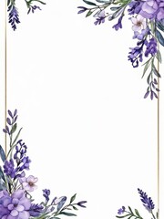 Frame, border, border pattern of lilac purple flowers on white background with free space for text, watercolor drawing, sketch, vintage, retro style, provence, image, postcard, card, letterhead