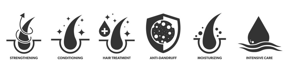 Hair Care products and Shampoo icons - anti dandruff, conditioning and other vector icons