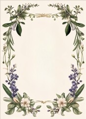 Fototapeta premium Frame, border, border pattern of lilac purple flowers on white background with free space for text, watercolor drawing, sketch, vintage, retro style, provence, image, postcard, card, letterhead