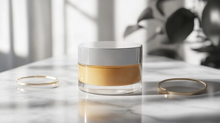 A cylindrical cream jar with a transparent lid, set on a smooth marble surface, with minimalist gold and silver rings softly hovering around the product