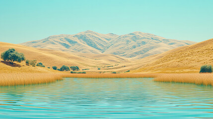 Serene Waterway Amid Golden Hills and Soft Mountains on a Sunny Day in a Tranquil Rural Landscape