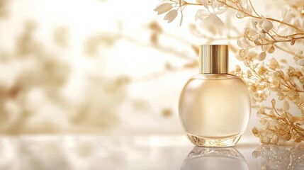 A luxurious cream bottle with a frosted glass body and gold cap, isolated on a smooth white surface with gold floral accents swirling in the background