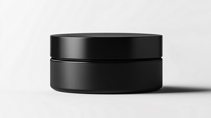 A minimalist cream jar with a matte black finish, isolated on a pure white background, with metallic accents gently hovering around the packaging