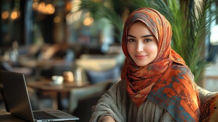 Smiling Woman in a Floral Hijab Wearing a Grey Sweater