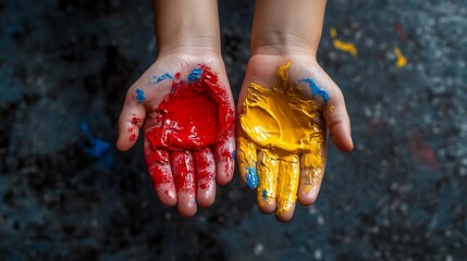 Close up of a child's hands covered in red and yellow paint.
