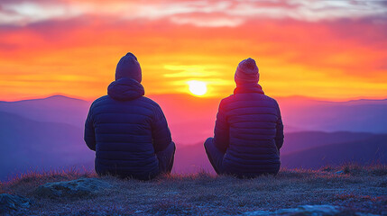 Two Individuals Watch a Breathtaking Sunset From a Mountain Peak in Serene Surroundings During a Cool Evening