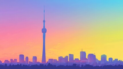 Obraz premium Vibrant Sunset Over City Skyline with Tower