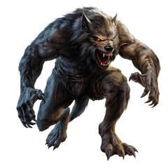 A menacing werewolf lunges forward, showcasing its sharp teeth and claws against a pure transparent background, scary werewolf, file of isolated object on transparent background