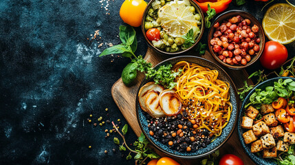 Delicious Gourmet Meal Featuring Colorful Ingredients, Fresh Vegetables, and Pasta Arranged on a Rustic Wooden Board in an Elegant Presentation