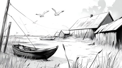Fototapeta premium Black and White Illustration of a Boat Sheds and Seagulls by the Sea