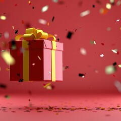 a red gift box with confetti falling from it