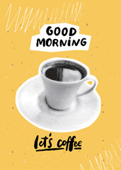 Good morning collage poster, halftone black coffee cup, cafe print at yellow background, trendy social media story design
