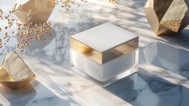 A square glass cream jar with a frosted finish, placed on a clean marble surface, surrounded by minimalist gold geometric shapes