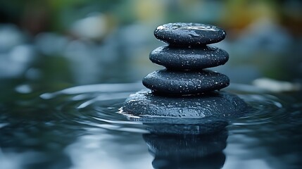 Four smooth, black stones stacked on top of each other, wet from water, in a pond with ripples.