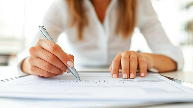 A Person Writing Notes on a Document With a Pen While Seated at a Modern Desk in a Bright Office Environment During the Day