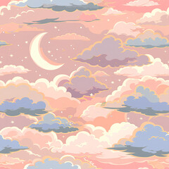 A magical sunset sky with floating pastel clouds and a shimmering crescent moon, seamless design