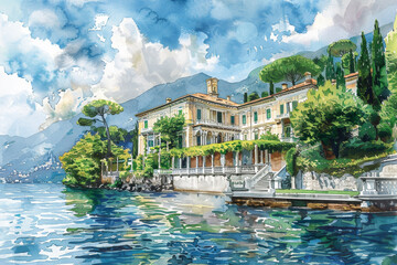 Obraz premium A painting of a house with a large garden and a lake in the background