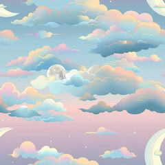 A magical sunset with a crescent moon and pastel-colored clouds drifting by, seamless design