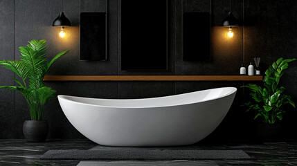 Elegant Modern Bathroom With a Freestanding Bathtub, Stylish Plants, and Ambient Lighting in a Tranquil Setting