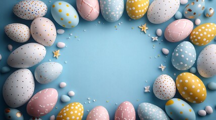 White bunny ears a circle of pastel pink blue yellow and white Easter eggs on a soft blue background The center of the image holds open copy space for an Easter greeting or invitation