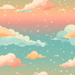 A pastel cloudscape with floating stars and a serene sunset, seamless design