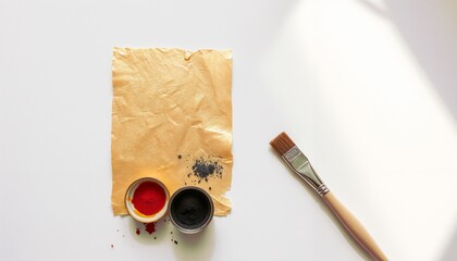 Art supplies including red and black paint, textured paper, and a paintbrush on a clean workspace, pigments in jars, Icon painting background