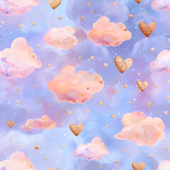 Obraz premium A pastel sky filled with floating heart-shaped clouds and tiny golden stars, seamless design