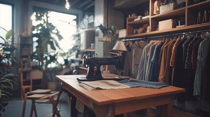 Vintage Sewing Machine on Wooden Table in Fashion Studio Interior