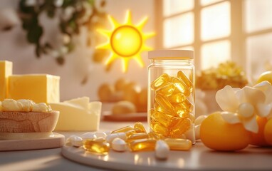 A detailed shot of a transparent bottle filled with vitamin D3 capsules with K2, complemented by an assortment of fresh dairy items such as yogurt and butter