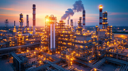 Fototapeta premium Industrial Refinery at Sunset With Illuminated Structures and Smokestacks Releasing Vapor in a Vibrant Orange Sky