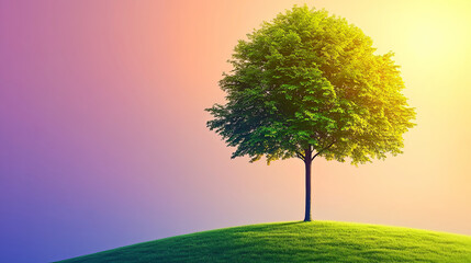 A Solitary Green Tree Stands on a Gentle Hill at Sunset, Surrounded by Vibrant Skies and Soft Grass