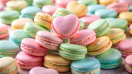 Obraz premium Colorful macarons arranged in heart-shaped clusters.