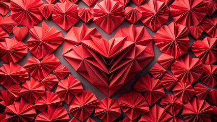 Intricate red origami hearts on wooden background.