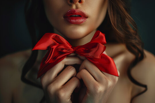 A woman is holding a red bow in her hand