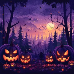 halloween pumpkins in the forest at night