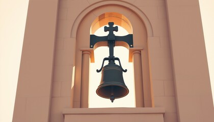 Fototapeta premium Church bell hanging in a tower with a cross and illuminated background, church bell background