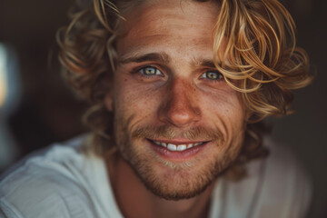 Obraz premium A man with curly hair and a beard is smiling and looking at the camera