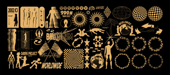 Brutalism retro shapes. Array circle tribal graphic and geometric universal shape, silhouettes of people, fake logo. Blanks for a poster, banner, business card, sticker	
